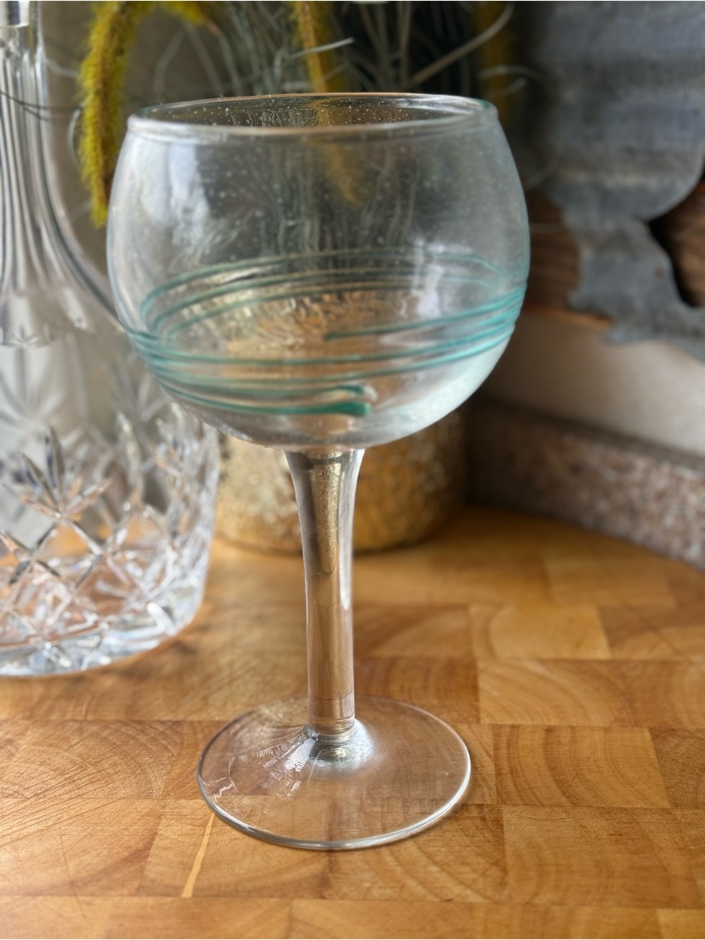 Handblown Clear Glass Coupe with Aqua Accent - Home Dining